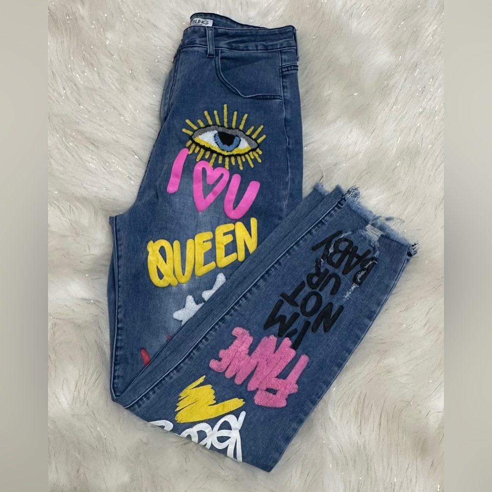 Blue & Yellow Skinny Jeans with Graffiti Art Cute Wardrobe staple ( worn once)🔥 - Picture 2 of 3